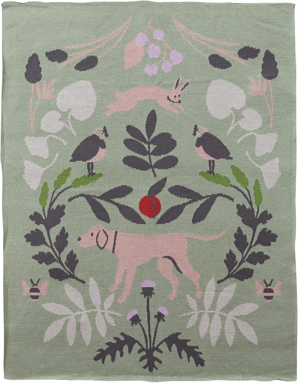 Creative Co-Op Cotton Knit Baby Blanket with Botanical and Animal Motifs, Multicolor