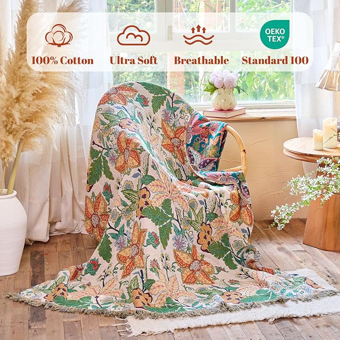 MSGKV Boho Throw Blanket for Bed Twin Size 100% Cotton Floral Blanket 60"x80" - Image 2
