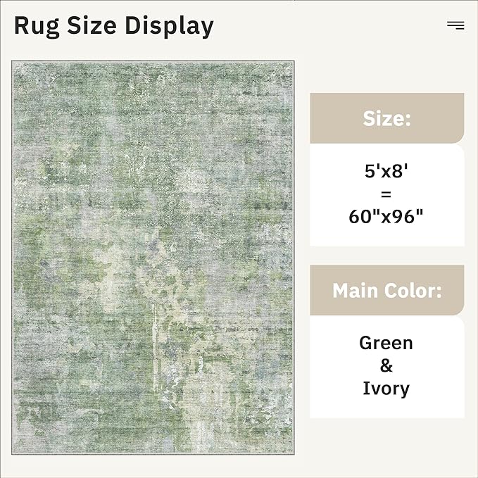 5x8 Area Rugs Green/Ivory Low Pile Indoor Washable Trendy Faded Style Rugs - Image 5