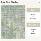 5x8 Area Rugs Green/Ivory Low Pile Indoor Washable Trendy Faded Style Rugs - Image 5