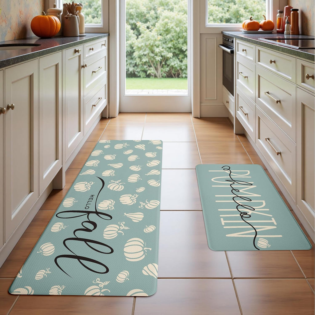 Fall Autumn Pumpkin Blue Kitchen Rug Set 2 PC, 17"x29"+17"x47"