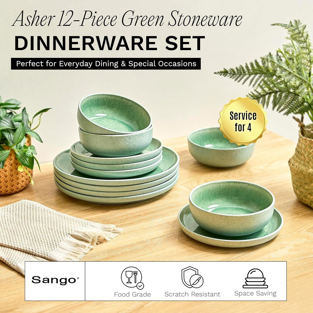 Sango Asher 12-Piece Stoneware Dinnerware Set for 4, Green Ceramic Plates and Bowls Sets, Modern Dish Set with Reactive Glaze, Durable Kitchen Dishes for Casual Dining, Microwave & Dishwasher Safe