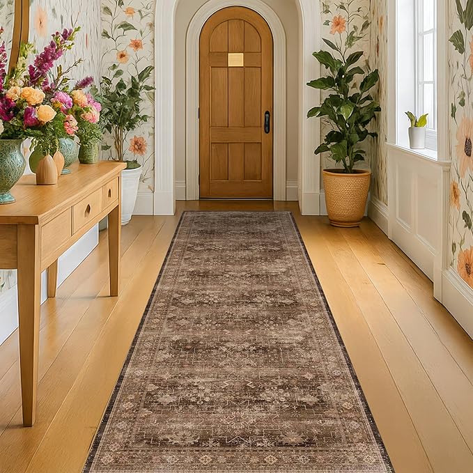 Brown Washable Long Runners for Hallways, 2x10 Wide Kitchen Runner Rug by HazoHaus