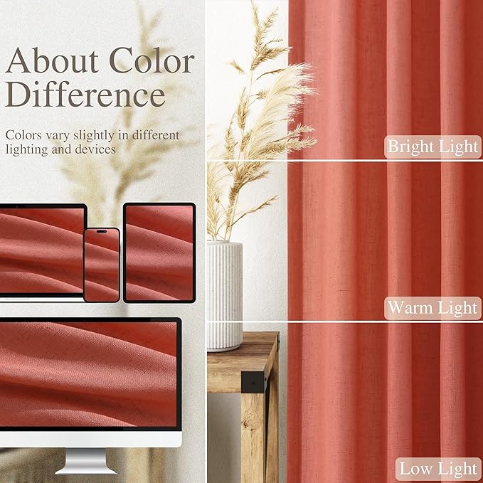 Coral Linen Curtains 84 Inch Length 2 Panels Set Back Tab Rod Pocket Light - Image 3