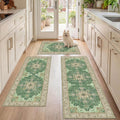 3 Piece Kitchen Rugs Sets with Runner, Washable Non Slip Soft Boho Kitchen Mats, Low Pile Stain Resistant Carpet for Hallway, Laundry Room, Entryway, Home Decor(20"x32"+20"x48"+20"x59", Green Beige)