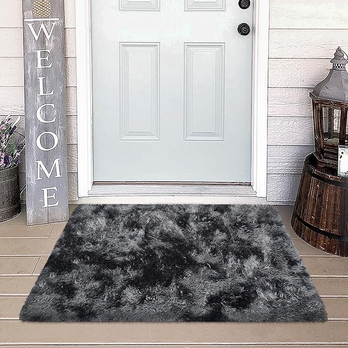 Small Tie-Dyed Area Rug for Bedroom 2x3 Mini Black Grey Fluffy Rug Mat Bedside by JiaoBaba