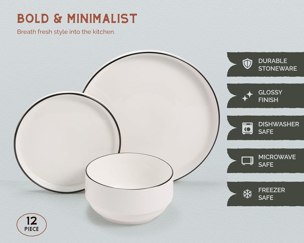 Vase and Vessel Ceramic Dinnerware Set, 12-Piece Service for 4, Round, Microwave and Dishwasher Safe, Cambridge Classics (French)