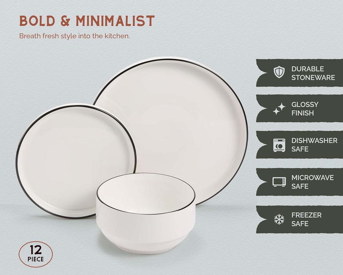 Vase and Vessel Ceramic Dinnerware Set, 12-Piece Service for 4, Round, Microwave and Dishwasher Safe, Cambridge Classics (French)