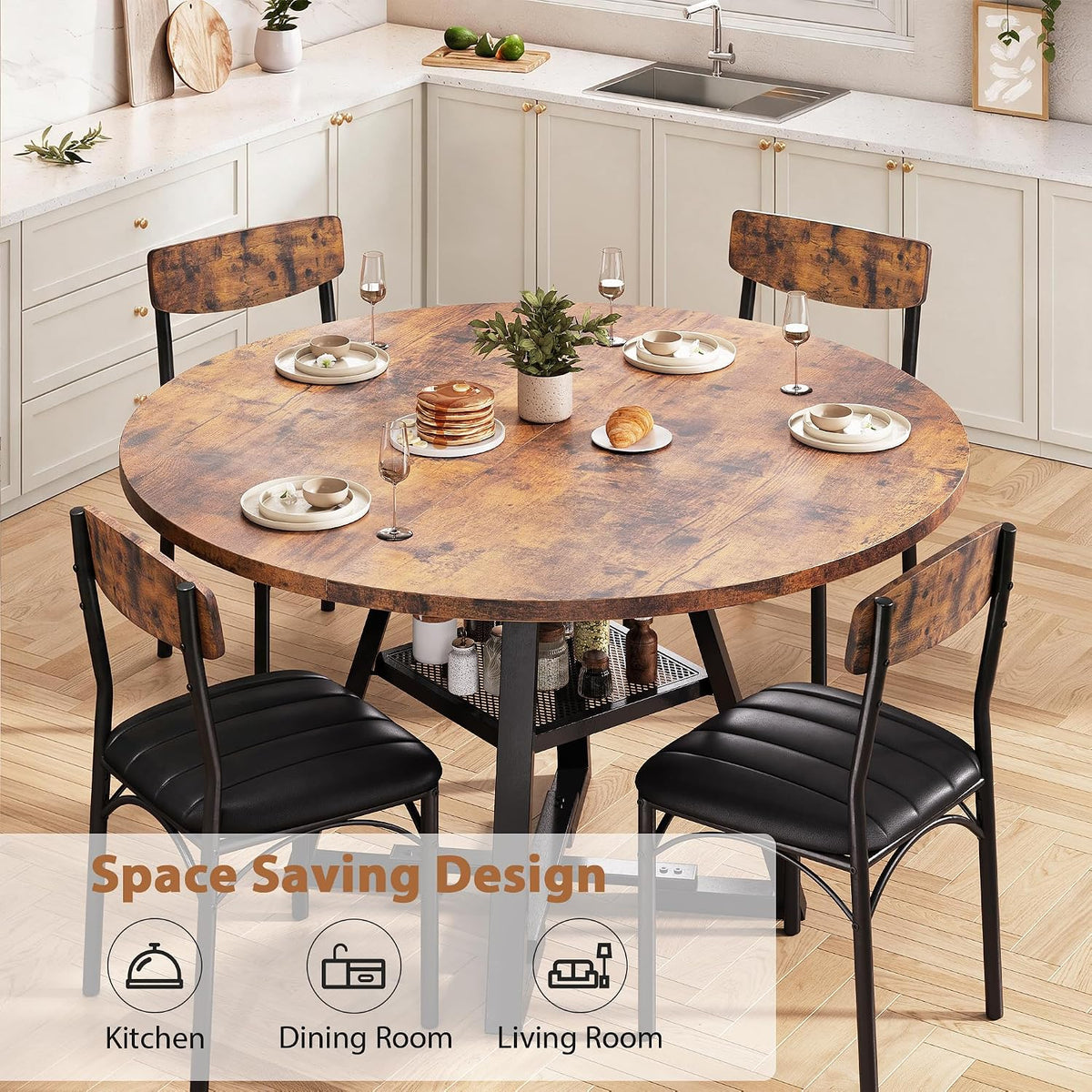 Dining Table Set for 4,Kitchen Table and Chairs for 4, Round Dining Room Table with Upholstered Chairs, 5 Piece Space Saving Circle Wood Kitchen & Dining Room Dinner Dinette Table Set (Vintage, 42In)