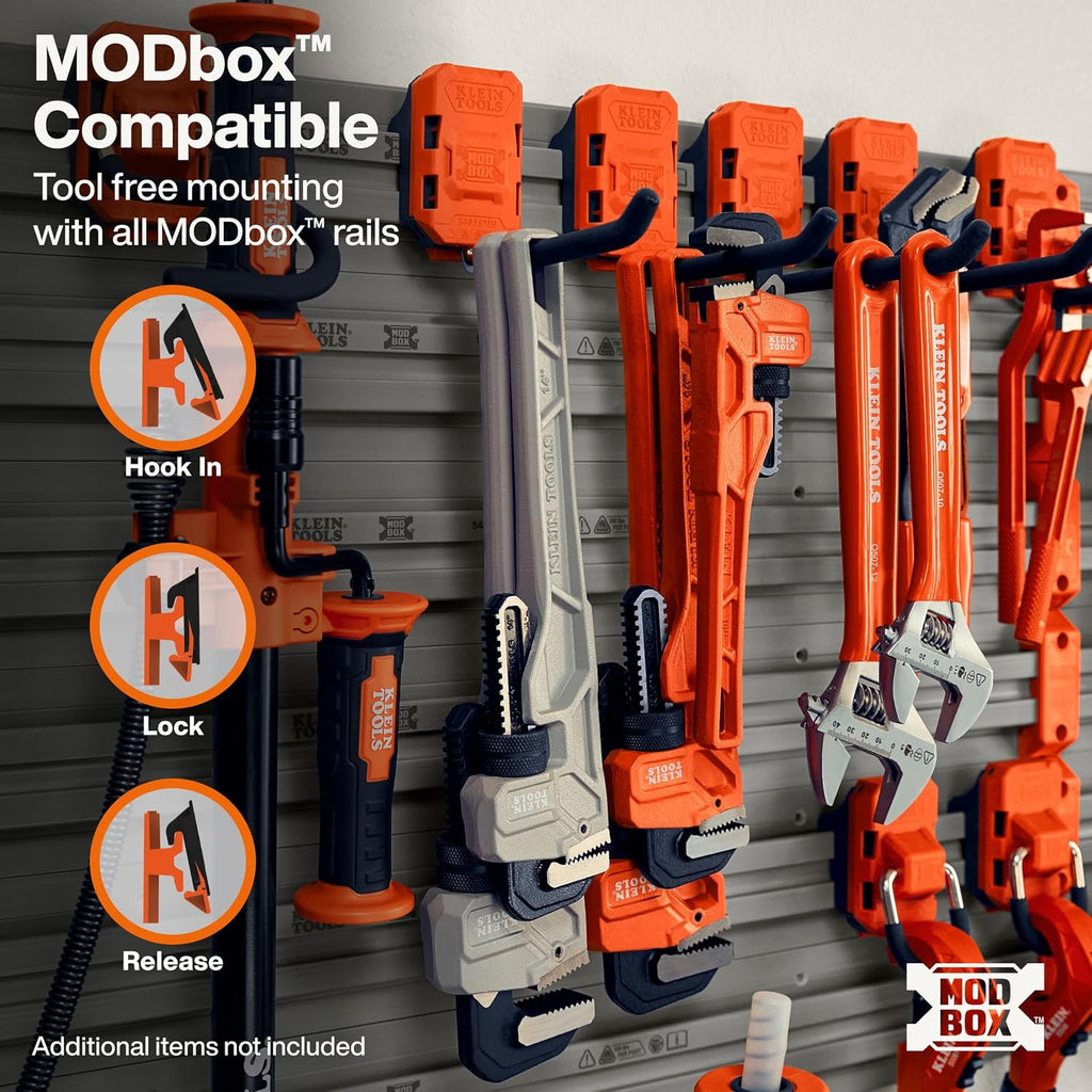 KLEIN TOOLS 54858MB MODbox Long Prong Hook 2-Pack, Modular Wall-Mounted Tool Hangers for Garage, Trailer, and Jobsite Storage, Dual-Use Mounting, Tool-Free MODbox Panel Compatibility