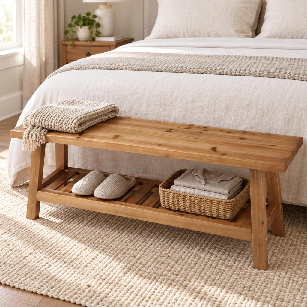 PERFNIQUE 43" Solid Wood Entryway Bench, Farmhouse Bench with Storage