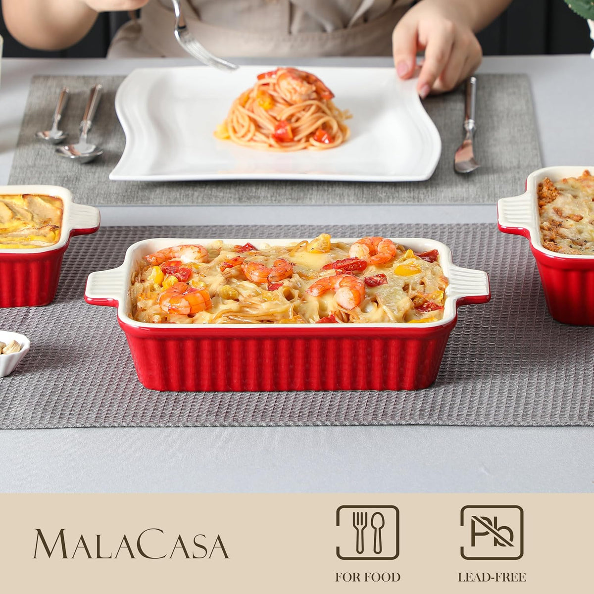 MALACASA Ceramic Casserole Baking Dishes Set of 4, Red with Handles
