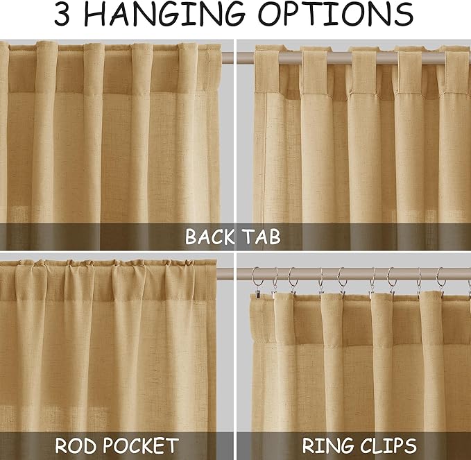Gold Yellow Linen Curtains 102 Inches Long Rod Pocket Back Tab Drapes 2 Panels - Image 2