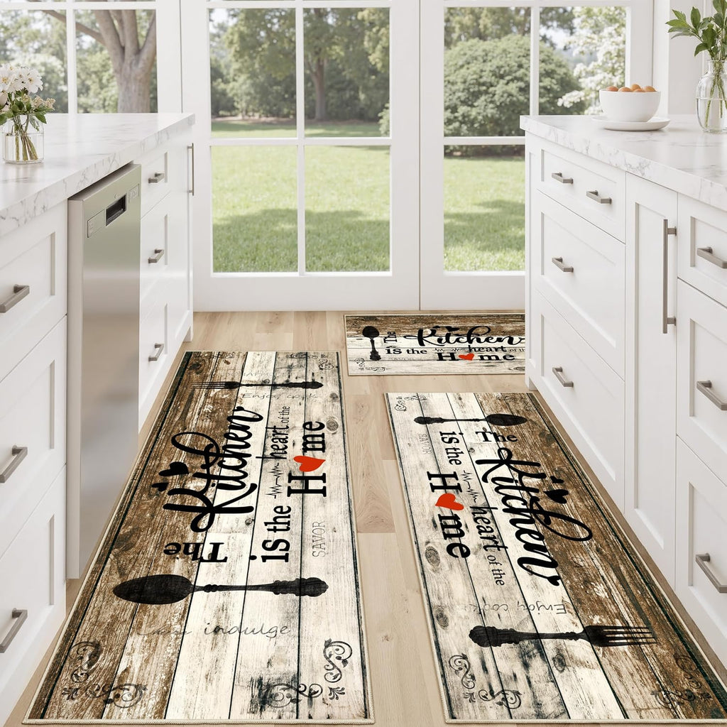 Non Slip Kitchen Mats for Floor Washable Kitchen Rugs 3 Piece,Coffe Wooden