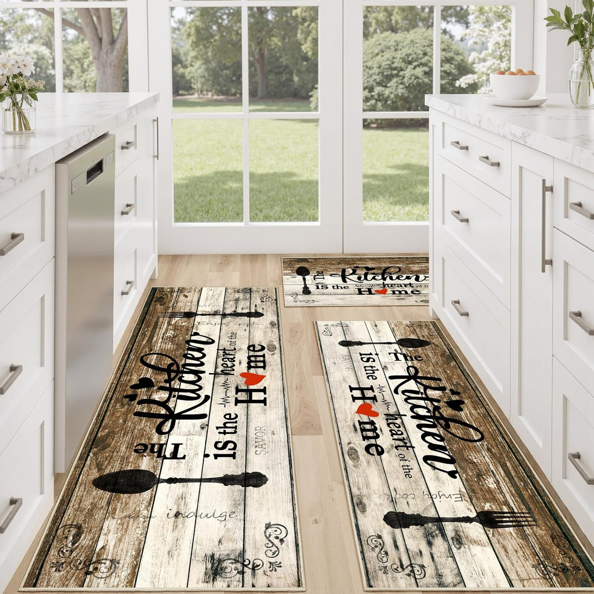 Non Slip Kitchen Mats for Floor Washable Kitchen Rugs 3 Piece,Coffe Wooden