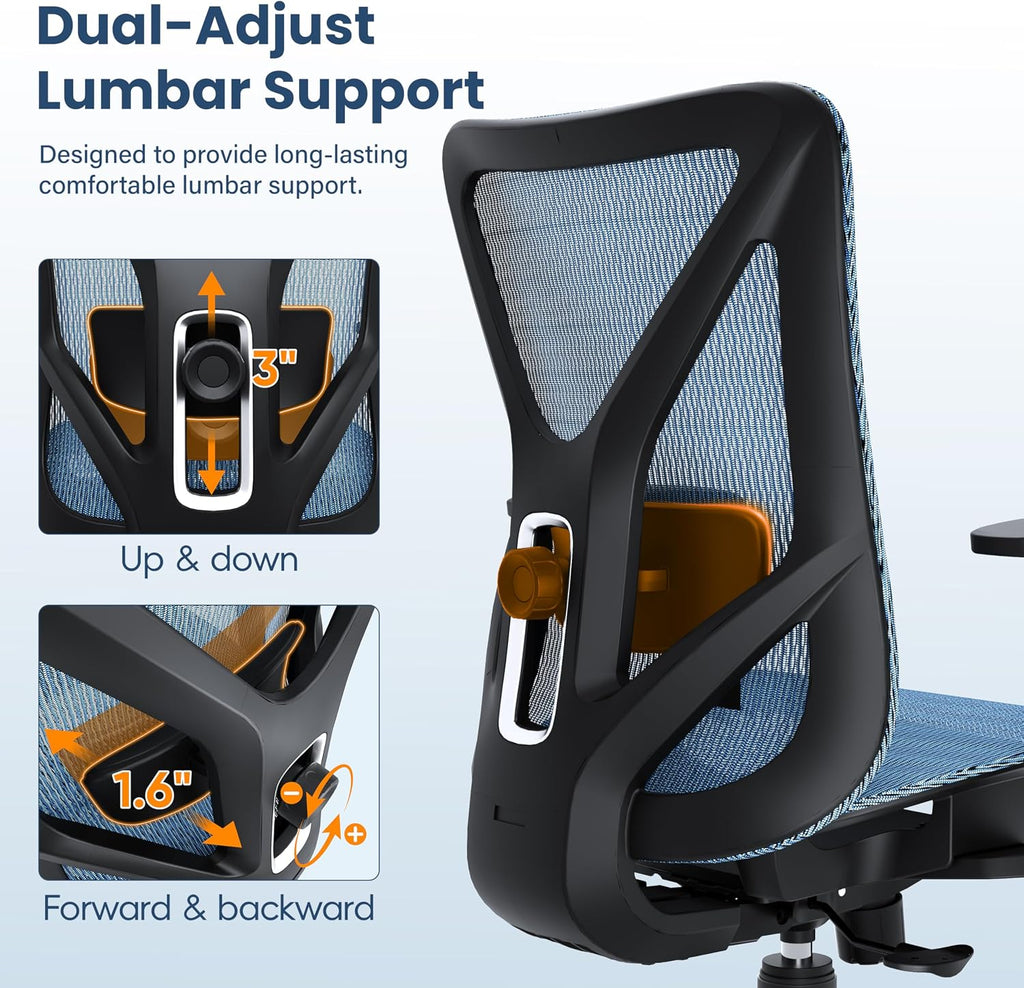 Ergonomic Office Chair, Mesh Computer Desk Chairs with BIFMA X5.1 Certified, Adjustable Lumbar Support, 3D Arm, Tilt Back, Wide Seat, Comfy Swivel Work Task Chair for Company and Home (Azure Blue)