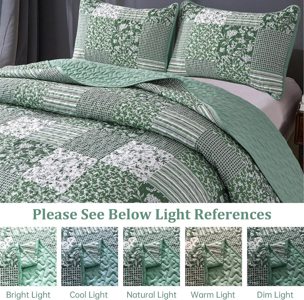 Mybedsoul Boho Quilt King Size, Patchwork Floral Bedding Set, Green