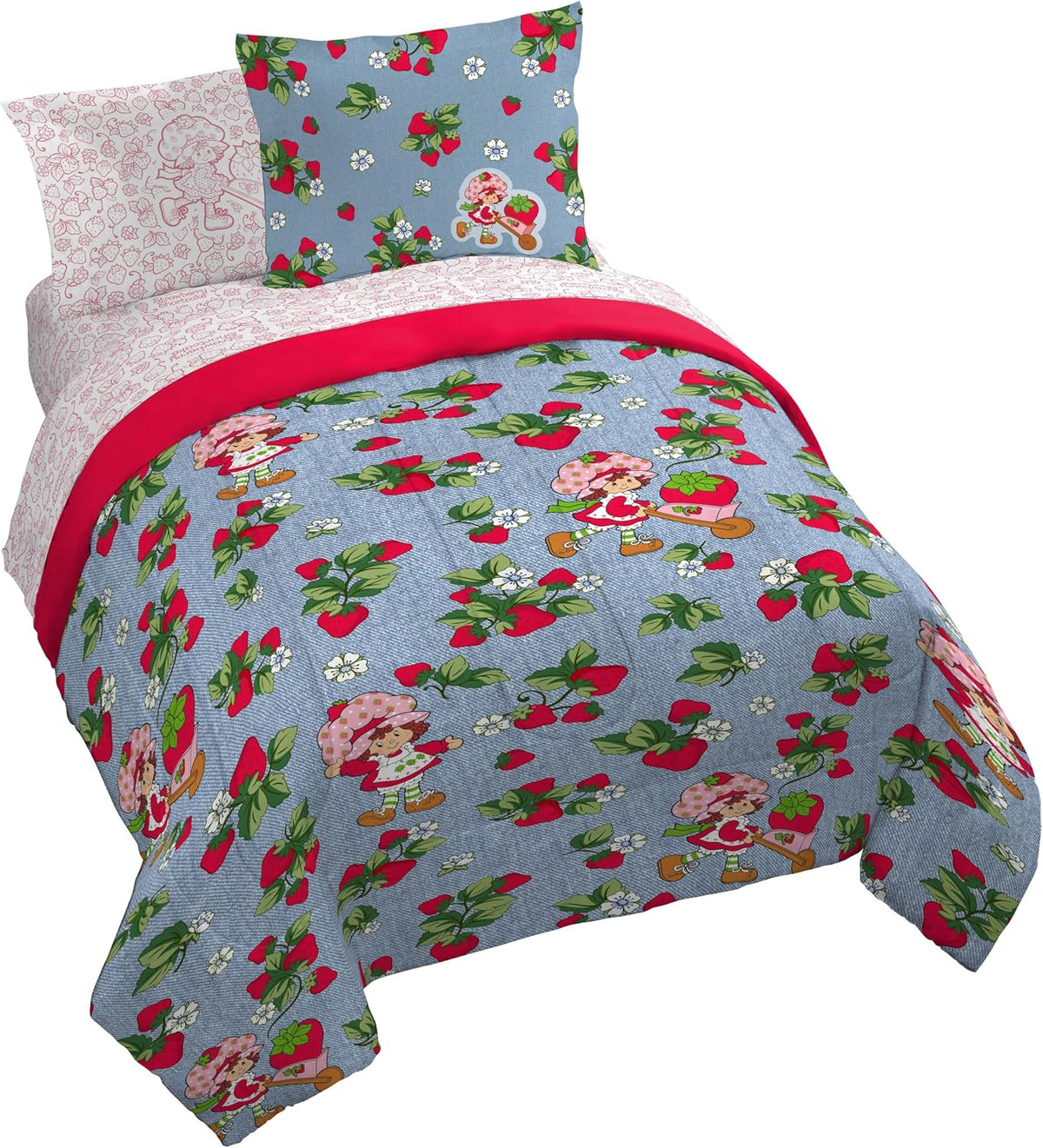 Strawberry Shortcake Twin Comforter Set 5 Piece Kids Bedding, Blue