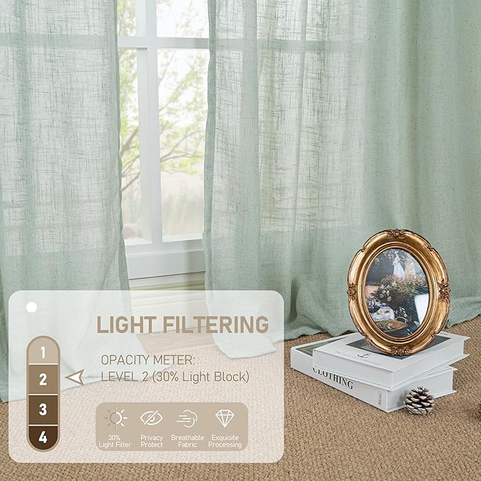 LAMIT Short Linen Window Curtains 40 Inch Length 2 Panels, Light Sage Semi - Image 4