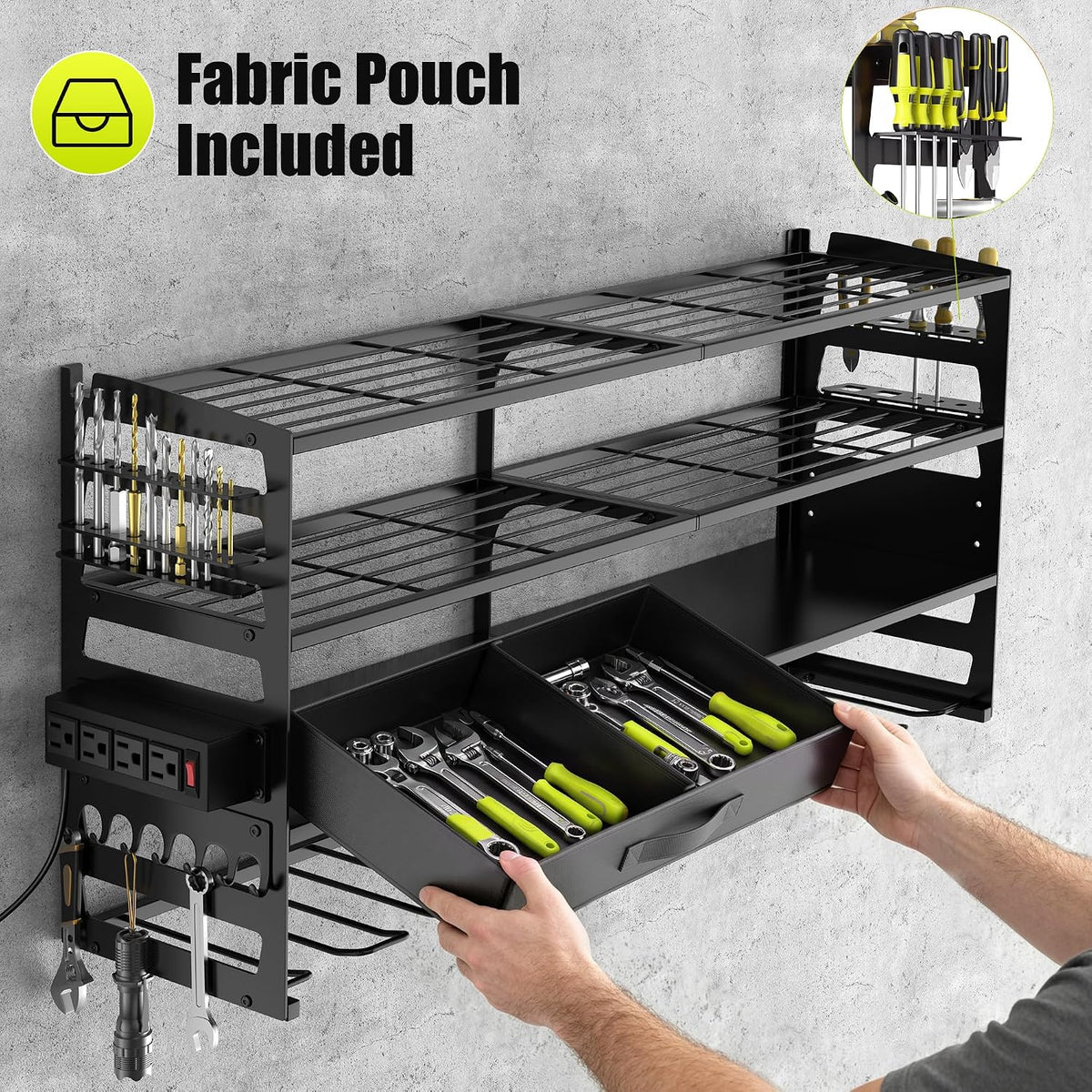 Gotega Large Power Tool Organizer Wall Mount with Charging Station, Black