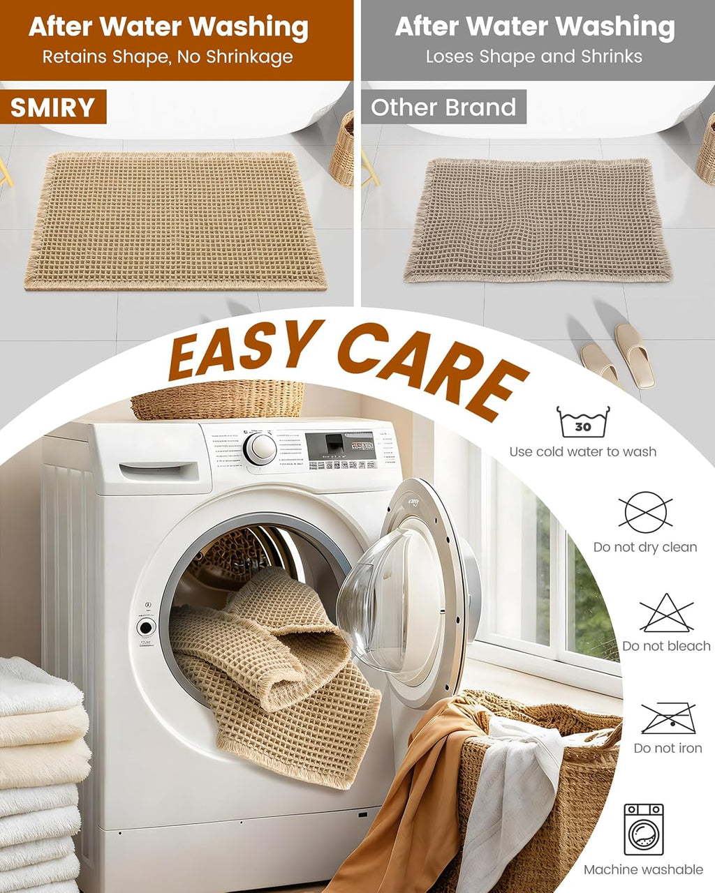 Smiry Waffle Bath Mat 60X24, Extra Soft Absorbent Bathroom Rugs, Brown