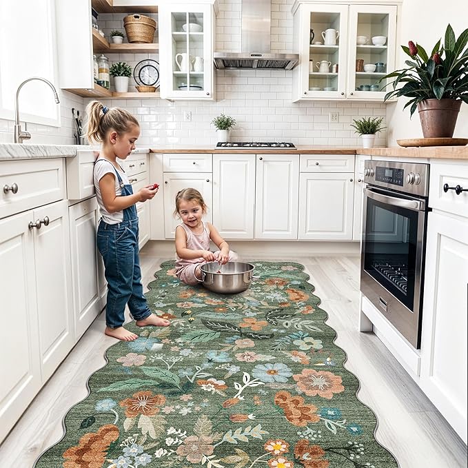 4x8 Washable Area Rug for Family: Stain Resistant Wide Floral Scalloped Kitchen - Image 5