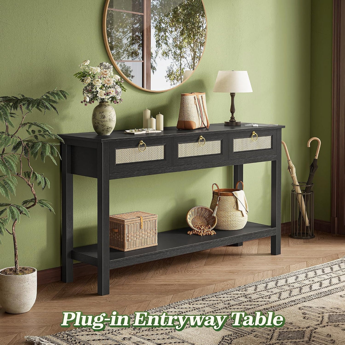 SUPERJARE Rattan Console Sofa Table with Outlets, USB-C Port and 3 Drawers