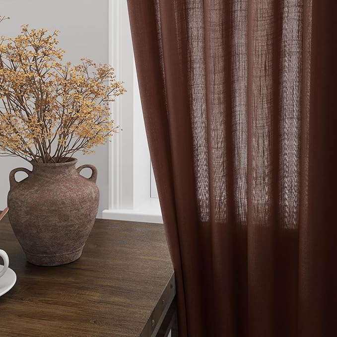 Rustic Brown Linen Curtains 84 Inch Length 2 Panels Set - Image 4