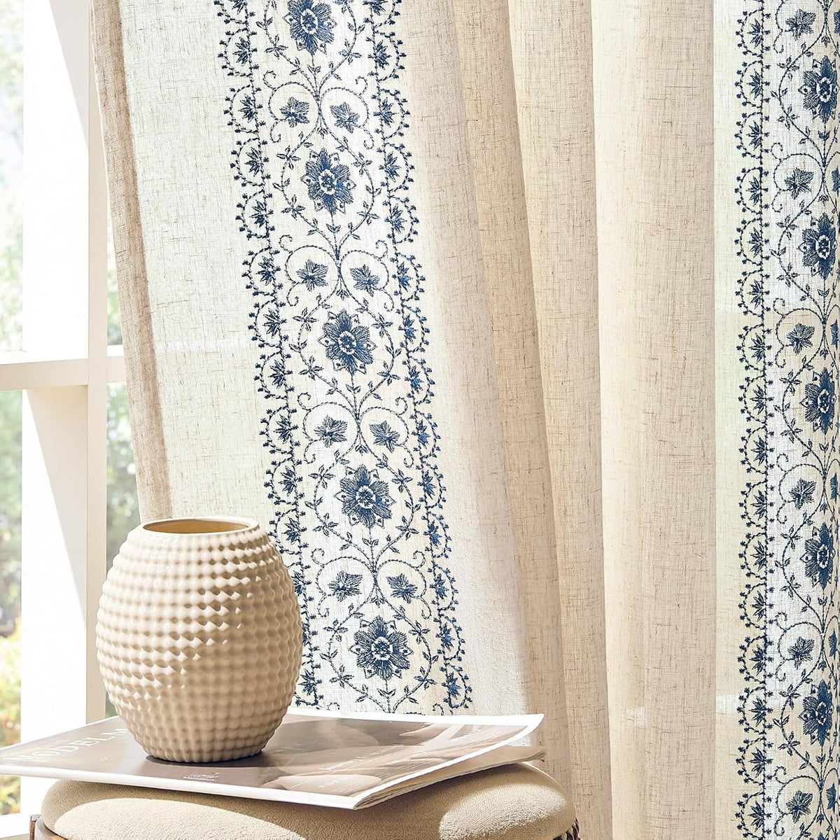 jinchan Floral Lined Linen Curtains Embroidered Back Tab 54Wx84L 2 Panels