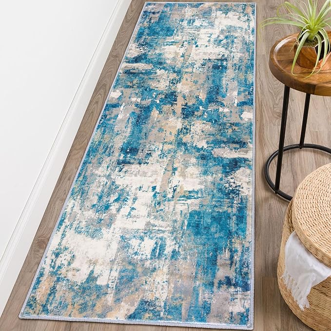 KOZYFLY Modern Abstract Runner Rug 2x6 Turquoise/Beige/Grey/Yellow Runners - Image 3