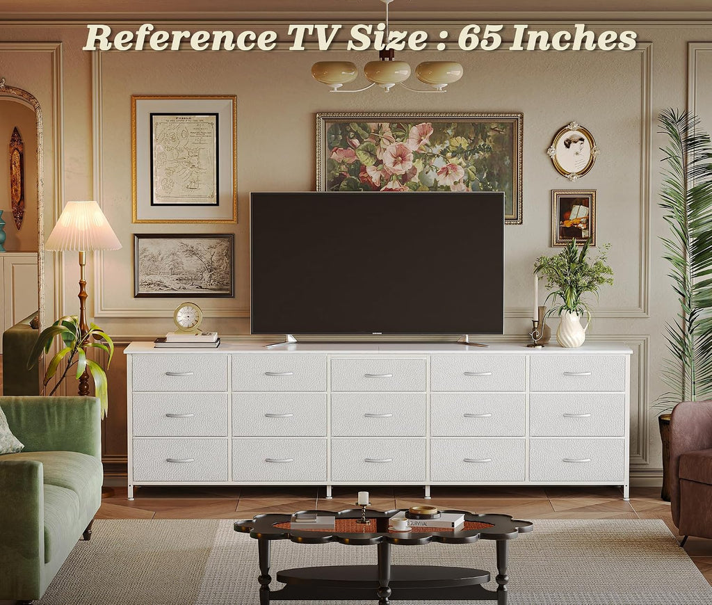 Huuger 78.7 inch Long Dresser for Bedroom, 15 Drawer Fabric Dresser for Closet, Large TV Stand for 65, 75, 85 inch TV, Wide Chest of Drawer with Storage, 78.7" W x 12.9" D x 26.7" H, White