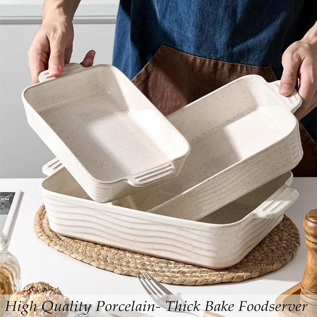 Ceramic Baking Dish Set of 3, Casserole Dishes for Oven, Rectangular Porcelain Bakeware Set with Handles, Lasagna Baking Pan for Cooking, Perfect for Baking and Serving, Housewarming, Halloween, Thanksgiving, Christmas, New Year-Reactive White