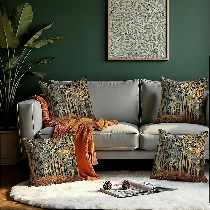 Rustic William Morris Inspired Autumn Forest Decor Pillow Covers 18x18 Set of 4 - Image 3