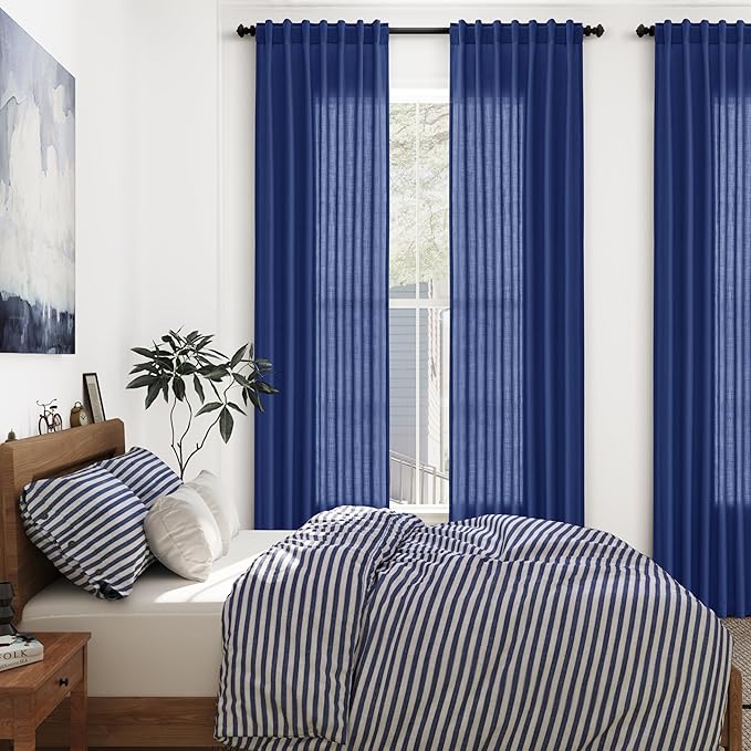 Nanspring Classic Blue Linen Curtains 102 Inches Long Rod Pocket Back Tab - Image 7