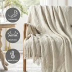 BOURINA Beige Throw Blanket 50x60 Inches Throw Textured Solid Soft Ripple - Image 3