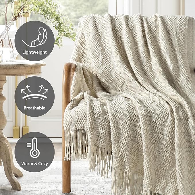 BOURINA Beige Throw Blanket 50x60 Inches Throw Textured Solid Soft Ripple - Image 3