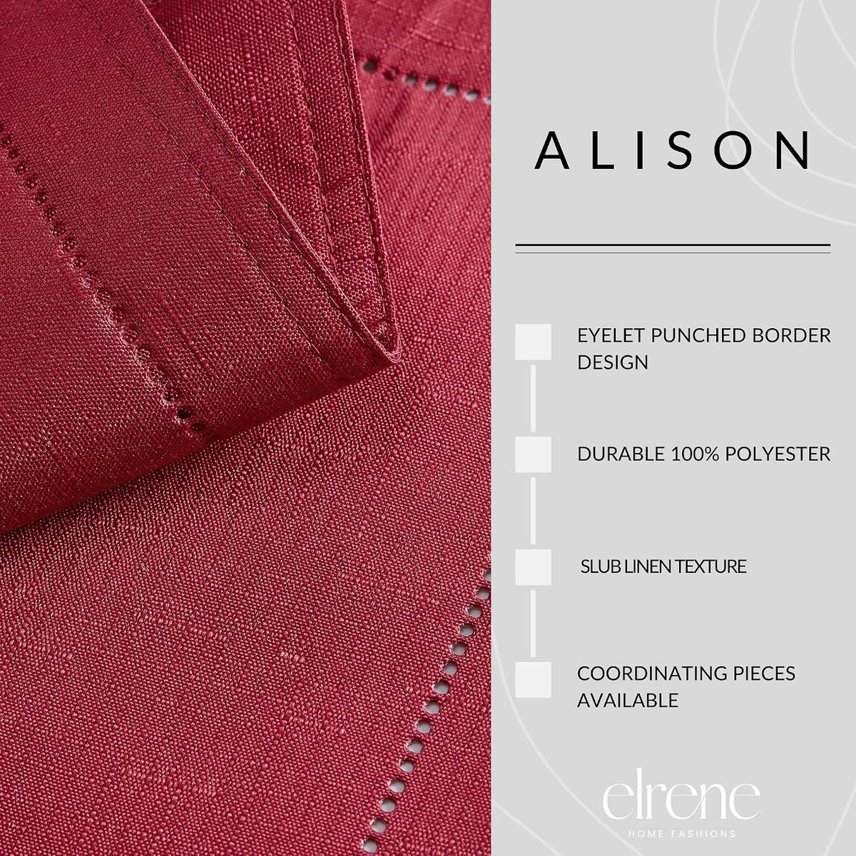 Elrene Home Fashions Alison Eyelet Border Design Cloth Wrinkle Resistant Fabric Placemat, Set of 4, 13"x19", Cranberry