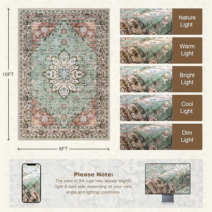 8x10 Area Rugs for Living Room: Washable Rug Soft Vintage Distressed Floral - Image 2
