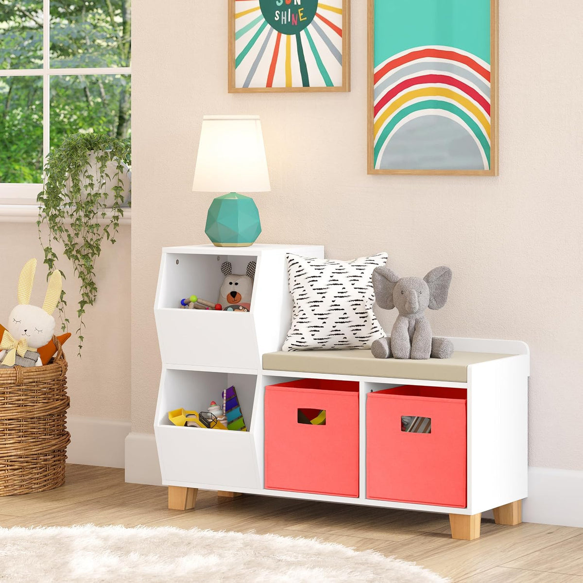 RiverRidge Kids Catch-All Cubby Storage Bench with Cushion, White
