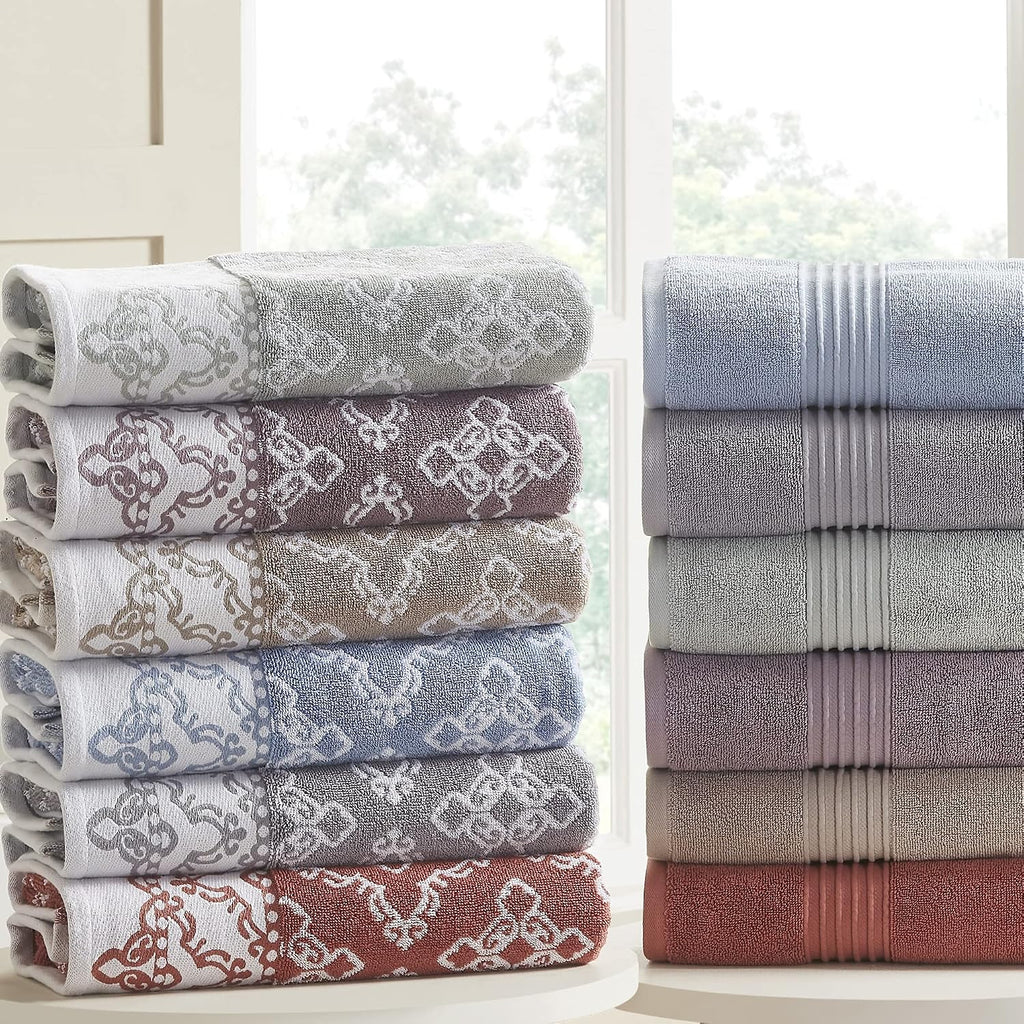 Modern Threads Charlize 6-Piece 100% Cotton Towel Set – Reversible Yarn Dyed Jacquard & Solid – Includes 2 Bath Towels, 2 Hand Towels, 2 Washcloths – Absorbent, Quick Dry, Soft & Durable – Fawn