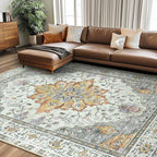 Area Rugs 8'x10' Washable Non-Slip, Floral Vintage Distress Print Pattern by RELEANY