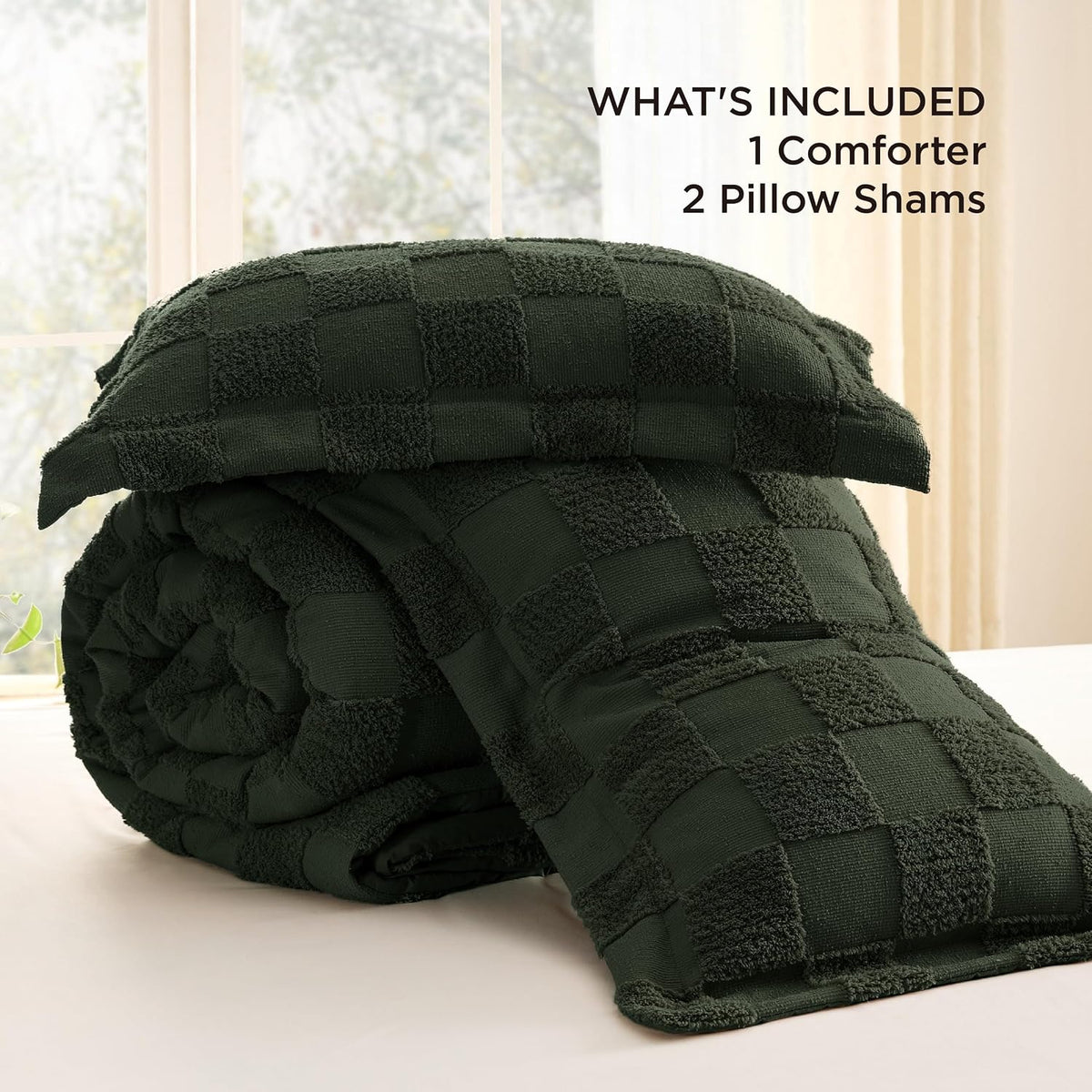 Bedsure Dark Olive Green Comforters Queen Set, Boho Plaid Bedding Set 3 Pcs