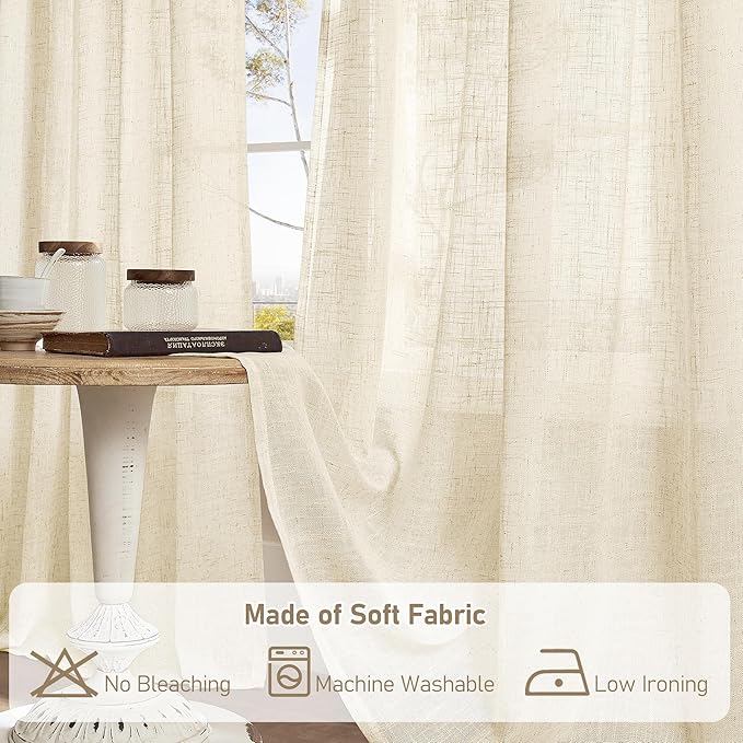LAMIT Beige Linen Curtains for Living Room 80 inch Length, Light Filtering Semi - Image 8