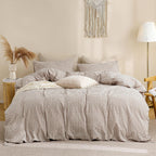 TOCOMOA Tan Gingham Duvet Cover Bedding Set Washed Cotton Like Linen, Queen