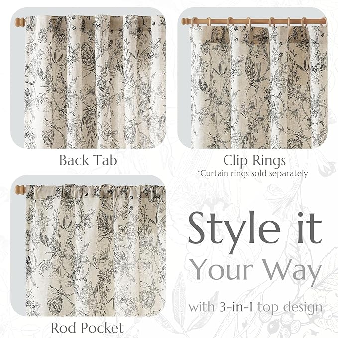 jinchan Floral Curtains 108 Inch Length Black Flower Linen Farmhouse Curtain - Image 3