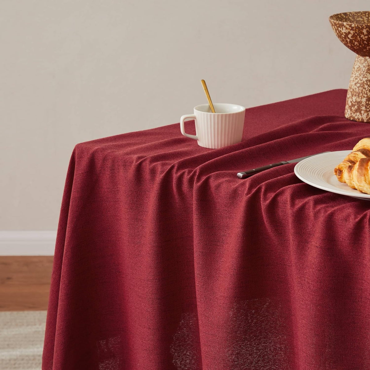 Tassel Linen Rectangular Table Cloth, Burgundy 60x120 Inch