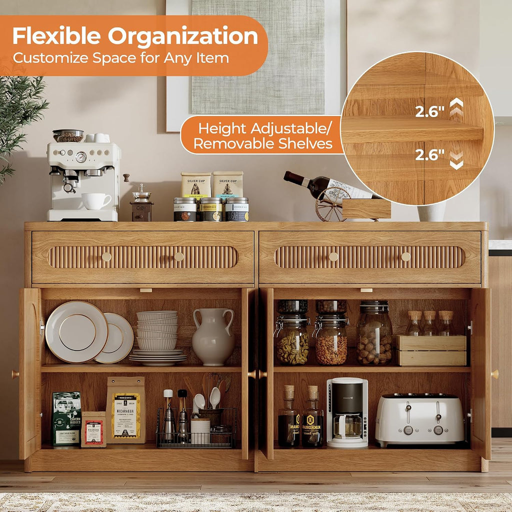 59" W Arched and Fluted Sideboard Buffet Cabinet with Storage, Oak