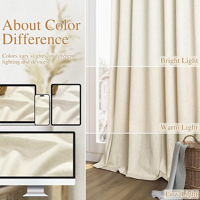 Warm Beige 100% Blackout Linen Curtains 84 Inch Length 2 Panels Set - Image 7