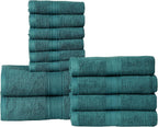HILLFAIR Premium 100% Combed Cotton 12 Piece Bath Towels Set - Teal