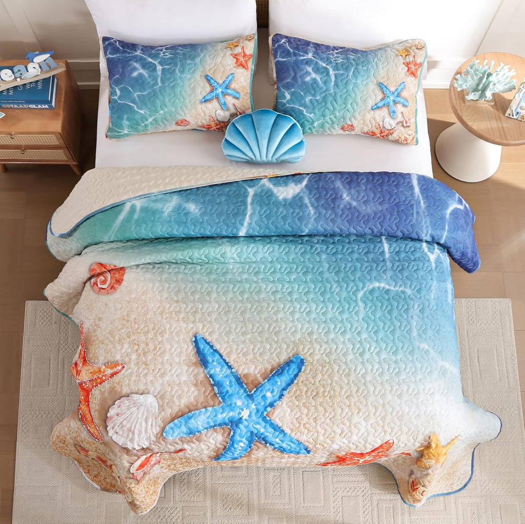weigelia Coastal Quilt Queen Size, Beach Lightweight Summer Bedding